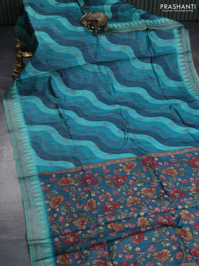 Semi banarasi tussar saree peacock green and teal green with allover wavy prints & woven buttas and woven border