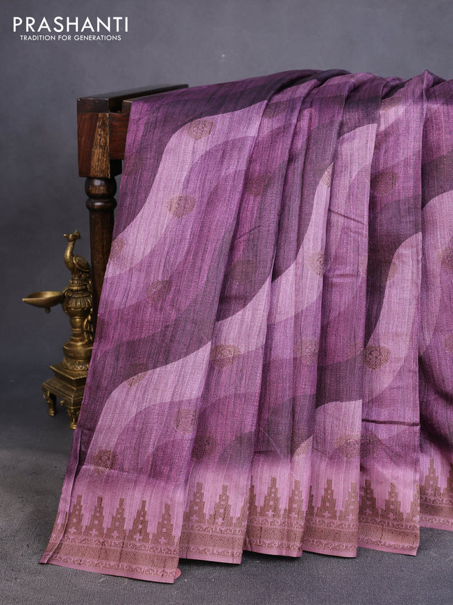 Semi banarasi tussar saree mild purple and mauve pink with allover wavy prints & woven buttas and woven border