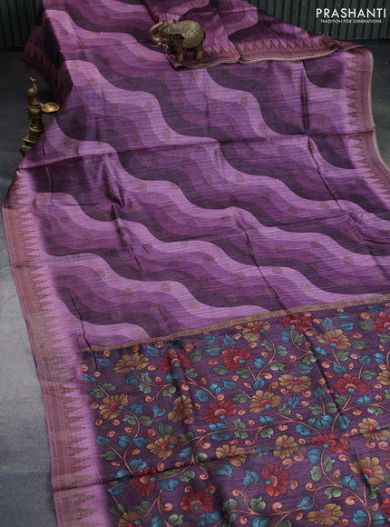 Semi banarasi tussar saree mild purple and mauve pink with allover wavy prints & woven buttas and woven border