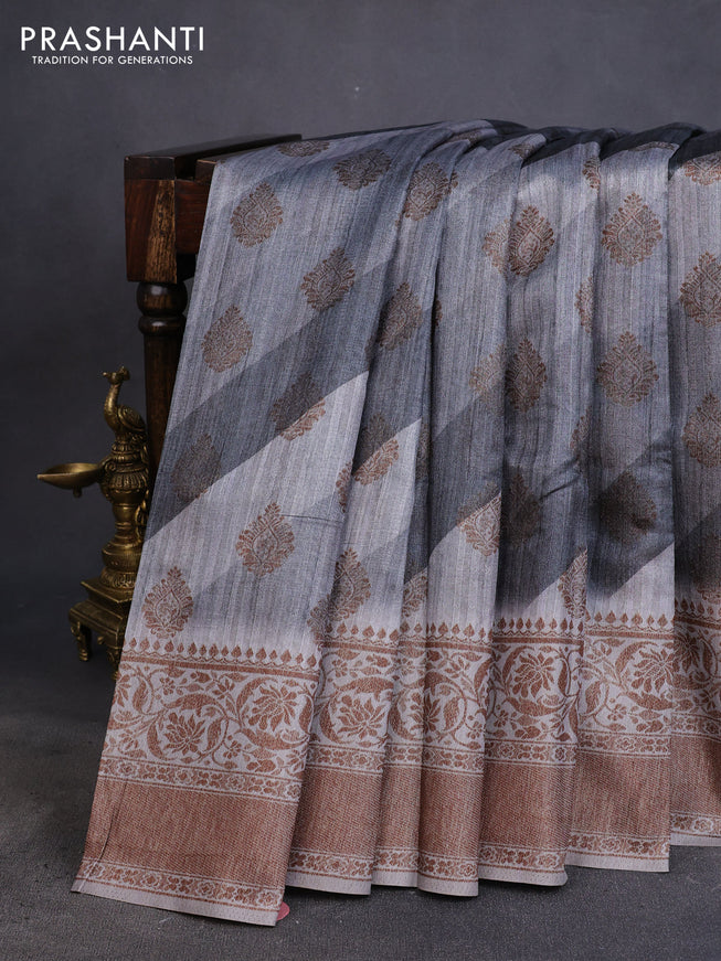 Semi banarasi tussar saree elephant grey and grey with allover strips prints & woven buttas and woven border