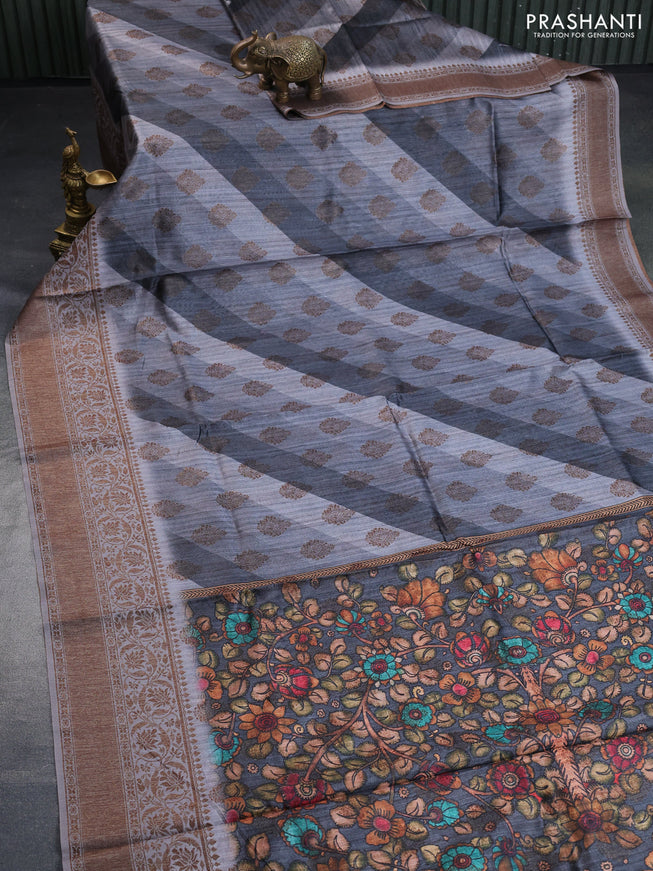 Semi banarasi tussar saree elephant grey and grey with allover strips prints & woven buttas and woven border