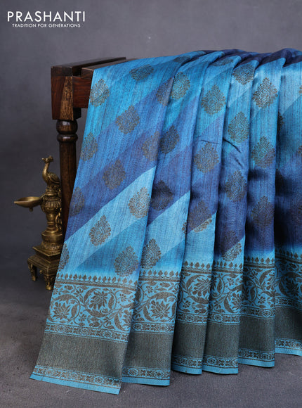 Semi banarasi tussar saree drak blue and cs blue with allover strips prints & woven buttas and woven border