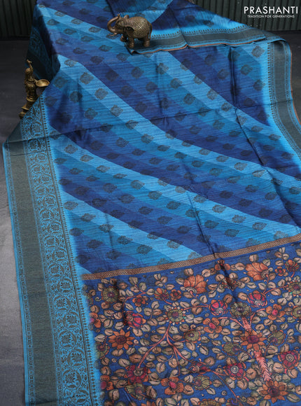 Semi banarasi tussar saree drak blue and cs blue with allover strips prints & woven buttas and woven border