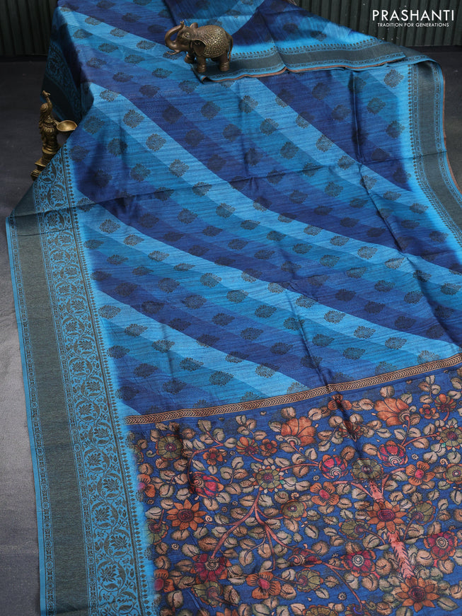 Semi banarasi tussar saree drak blue and cs blue with allover strips prints & woven buttas and woven border