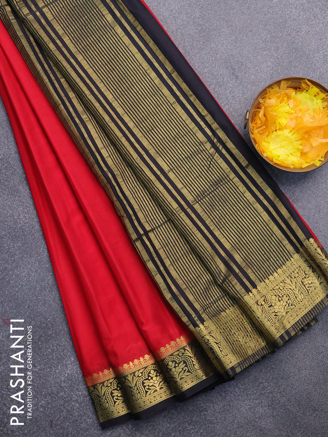 Semi crepe saree red and black with plain body and zari woven border