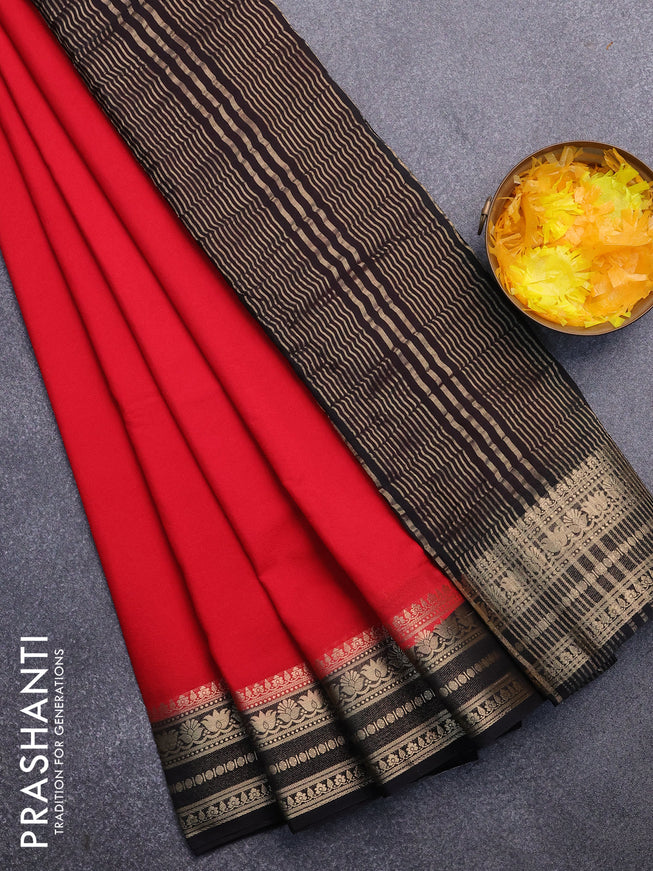 Semi crepe saree red and black with plain body and zari woven border