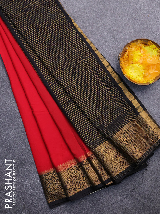 Semi crepe saree red and black with plain body and zari woven border