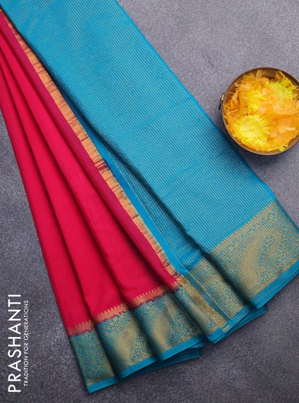 Semi crepe saree dark pink and teal green with plain body and zari woven border