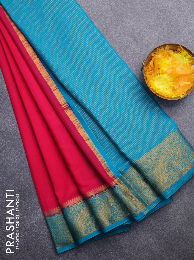 Semi crepe saree dark pink and teal green with plain body and zari woven border