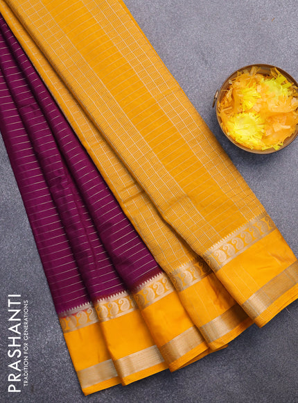 Semi crepe saree purple and mango yellow with allover zari stripe pattern and rettapet zari woven border