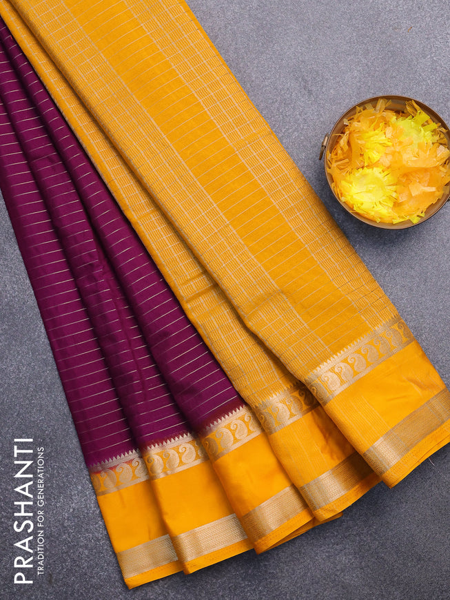 Semi crepe saree purple and mango yellow with allover zari stripe pattern and rettapet zari woven border