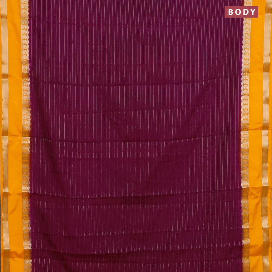 Semi crepe saree purple and mango yellow with allover zari stripe pattern and rettapet zari woven border