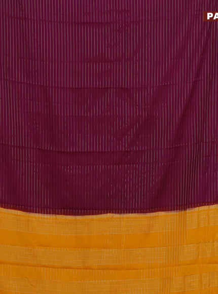 Semi crepe saree purple and mango yellow with allover zari stripe pattern and rettapet zari woven border