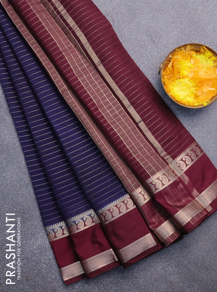 Semi crepe saree navy blue and maroon with allover zari stripe pattern and rettapet zari woven border