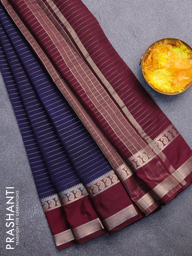 Semi crepe saree navy blue and maroon with allover zari stripe pattern and rettapet zari woven border