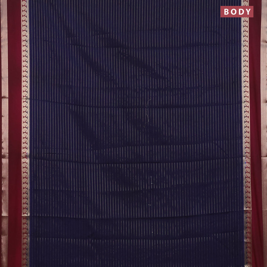 Semi crepe saree navy blue and maroon with allover zari stripe pattern and rettapet zari woven border