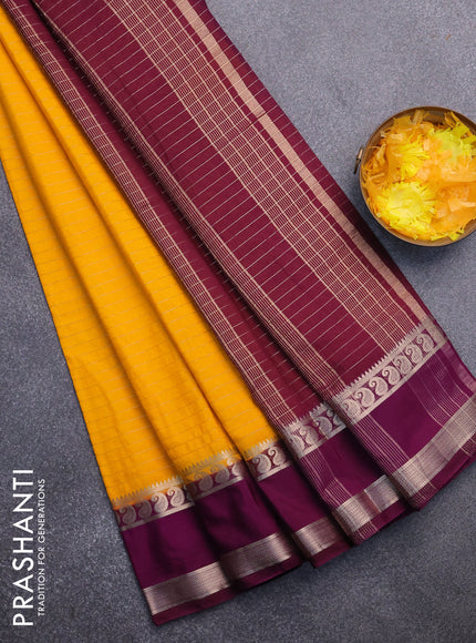 Semi crepe saree mango yellow and purple with allover zari stripe pattern and rettapet zari woven border