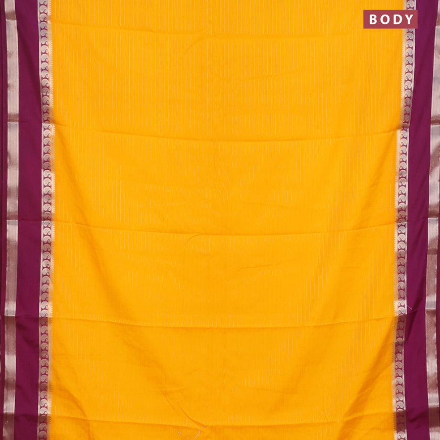 Semi crepe saree mango yellow and purple with allover zari stripe pattern and rettapet zari woven border