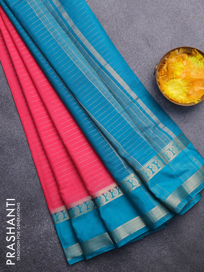 Semi crepe saree pink and teal blue with allover zari stripe pattern and rettapet zari woven border