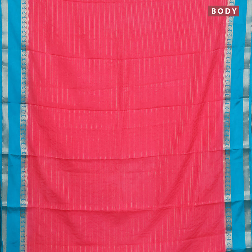 Semi crepe saree pink and teal blue with allover zari stripe pattern and rettapet zari woven border