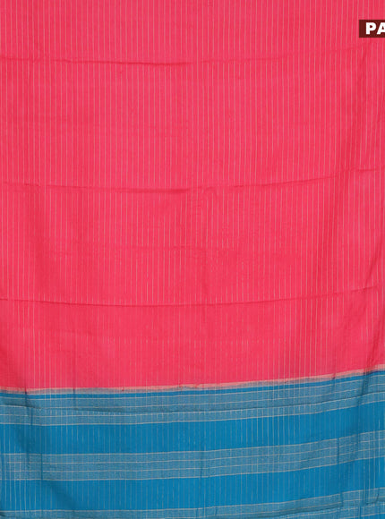 Semi crepe saree pink and teal blue with allover zari stripe pattern and rettapet zari woven border