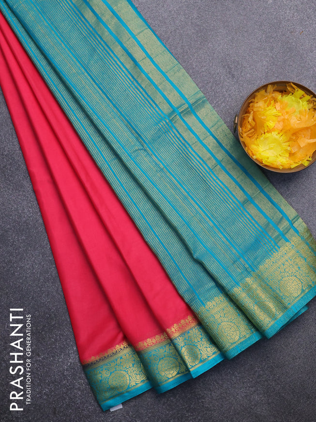 Semi crepe saree pink and teal blue with plain body and zari woven border