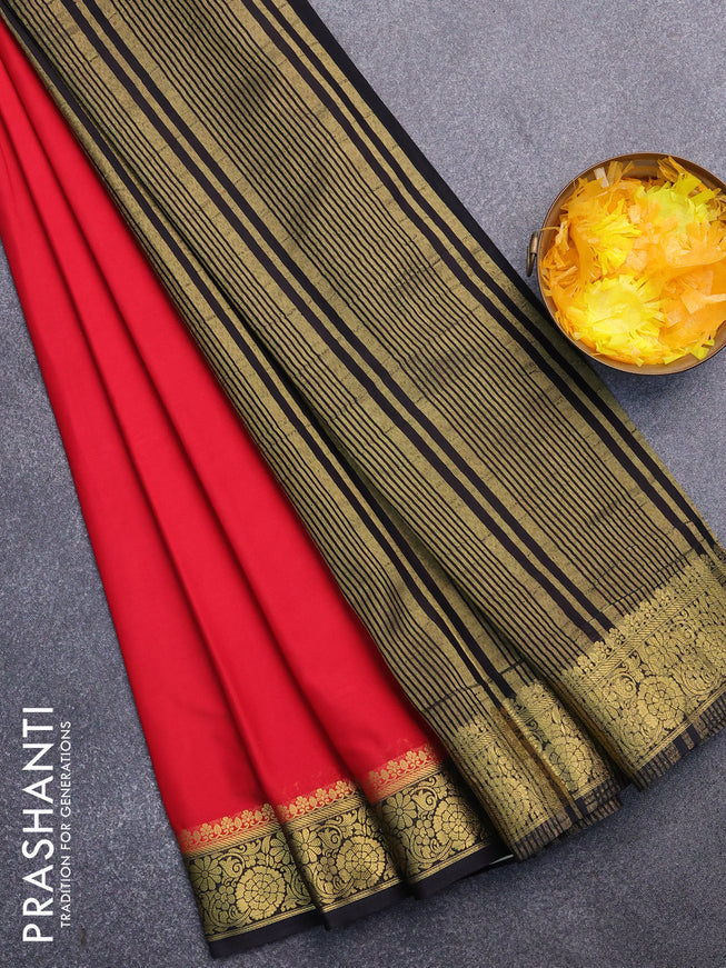 Semi crepe saree red and black with plain body and zari woven border