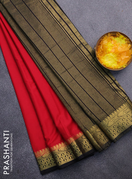 Semi crepe saree red and black with plain body and zari woven border