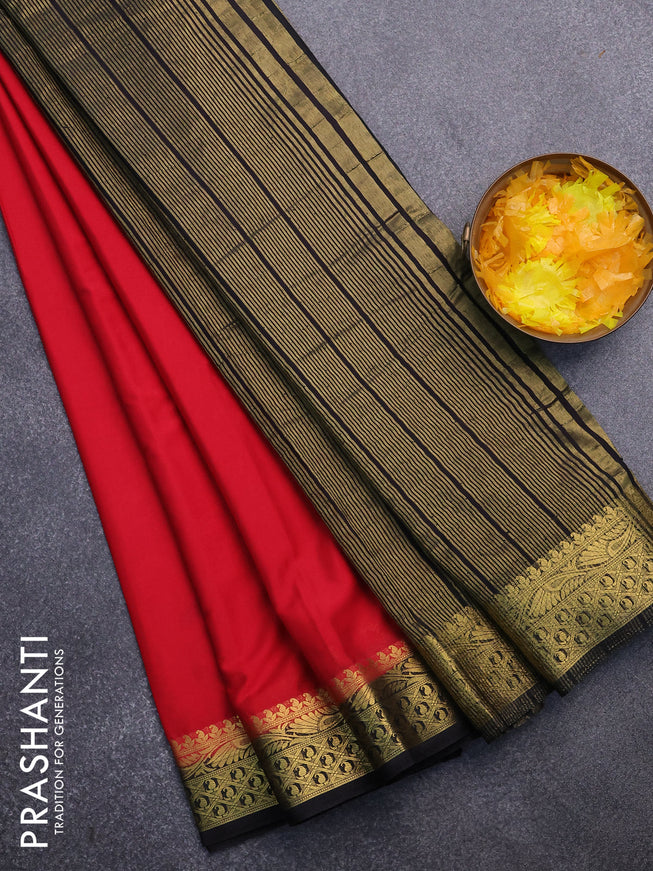 Semi crepe saree red and black with plain body and zari woven border