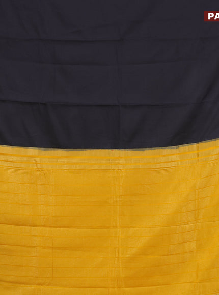 Semi crepe saree black and mango yellow with plain body and zari woven border