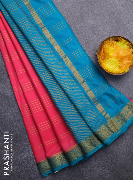 Semi crepe saree peach pink and teal blue shade with allover zari stripe pattern and zari woven border