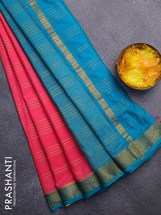 Semi crepe saree peach pink and teal blue shade with allover zari stripe pattern and zari woven border