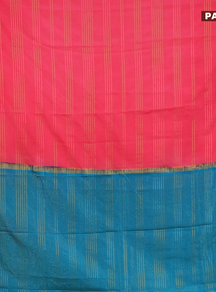 Semi crepe saree peach pink and teal blue shade with allover zari stripe pattern and zari woven border