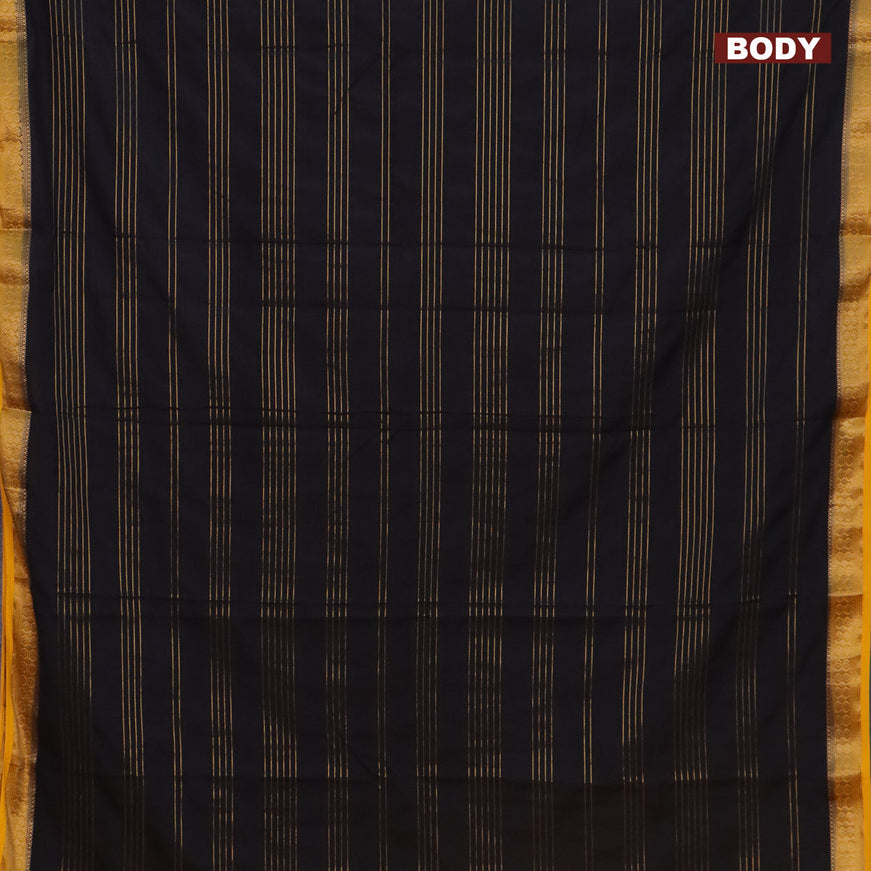 Semi crepe saree black and mango yellow with allover zari stripe pattern and zari woven border