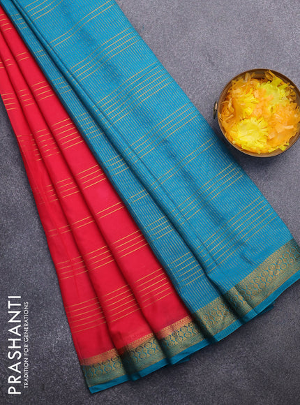 Semi crepe saree red and teal blue shade with allover zari stripe pattern and zari woven border