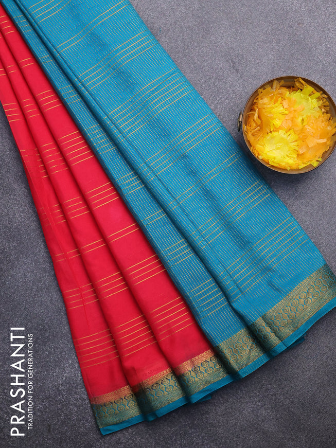 Semi crepe saree red and teal blue shade with allover zari stripe pattern and zari woven border