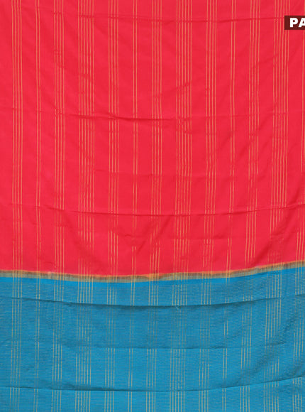 Semi crepe saree red and teal blue shade with allover zari stripe pattern and zari woven border