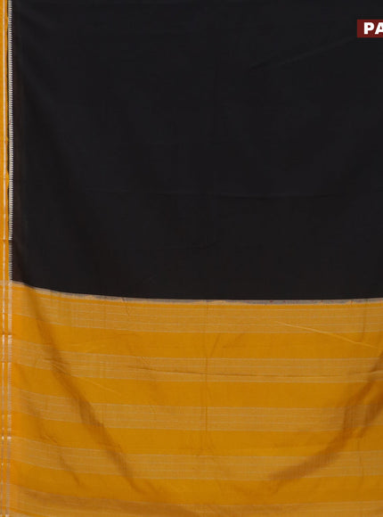 Semi crepe saree black and mango yellow with plain body and long zari woven border