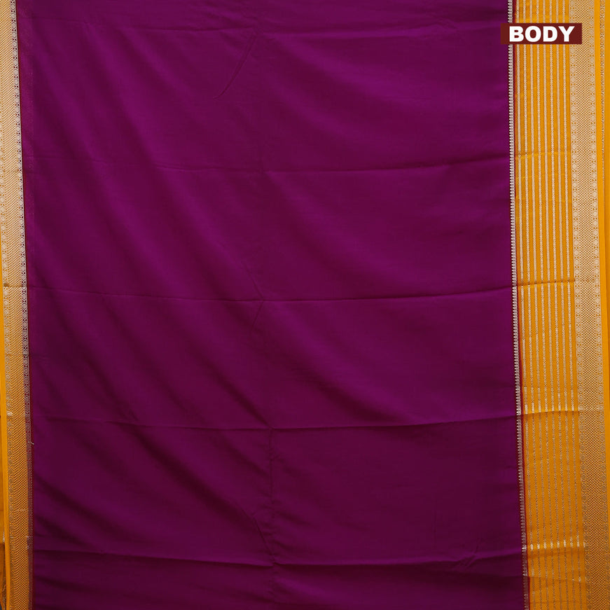 Semi crepe saree purple and mango yellow with plain body and long zari woven border