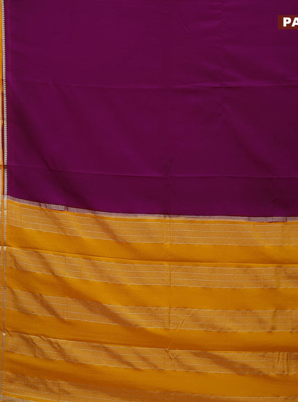 Semi crepe saree purple and mango yellow with plain body and long zari woven border