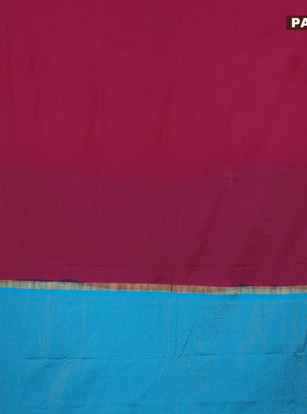 Semi crepe saree pink and teal blue with plain body and paisley zari woven border