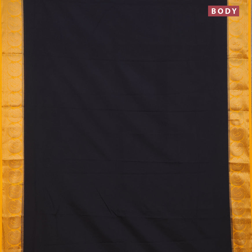 Semi crepe saree black and mango yellow with plain body and paisley zari woven border