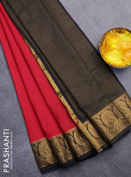 Semi crepe saree red and black with plain body and paisley zari woven border