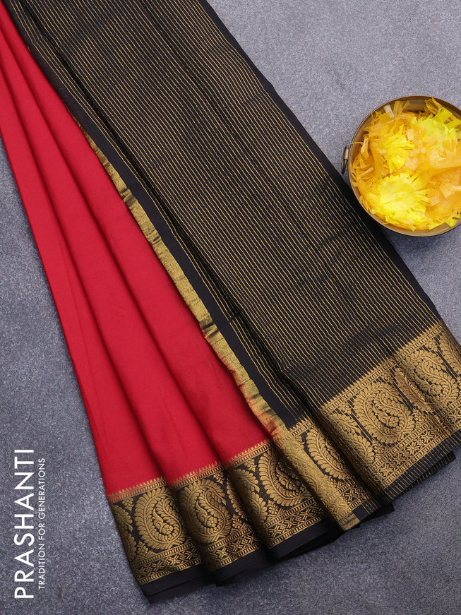 Semi crepe saree red and black with plain body and paisley zari woven border