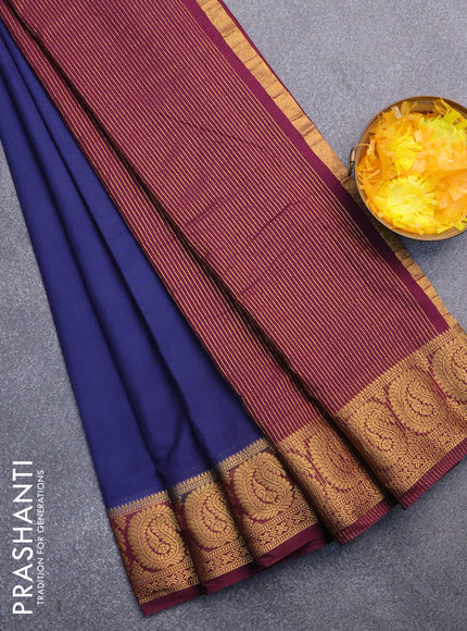 Semi crepe saree navy blue and wine shade with plain body and paisley zari woven border