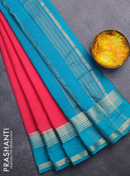 Semi crepe saree peach pink and teal blue shade with plain body and rettapet zari woven border