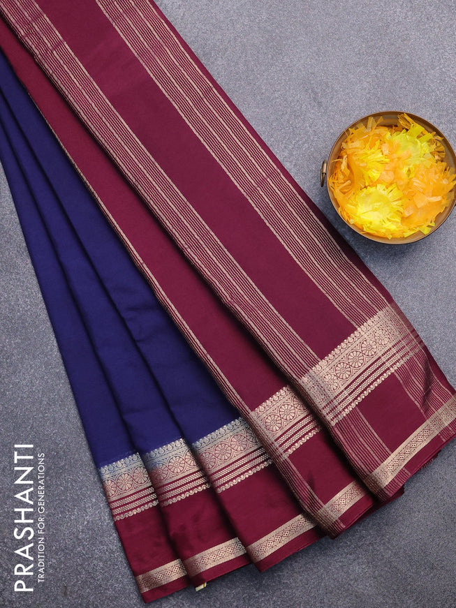 Semi crepe saree navy blue and wine shade with plain body and rettapet zari woven border