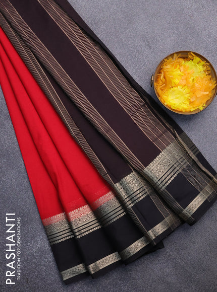 Semi crepe saree red and black with plain body and rettapet zari woven border