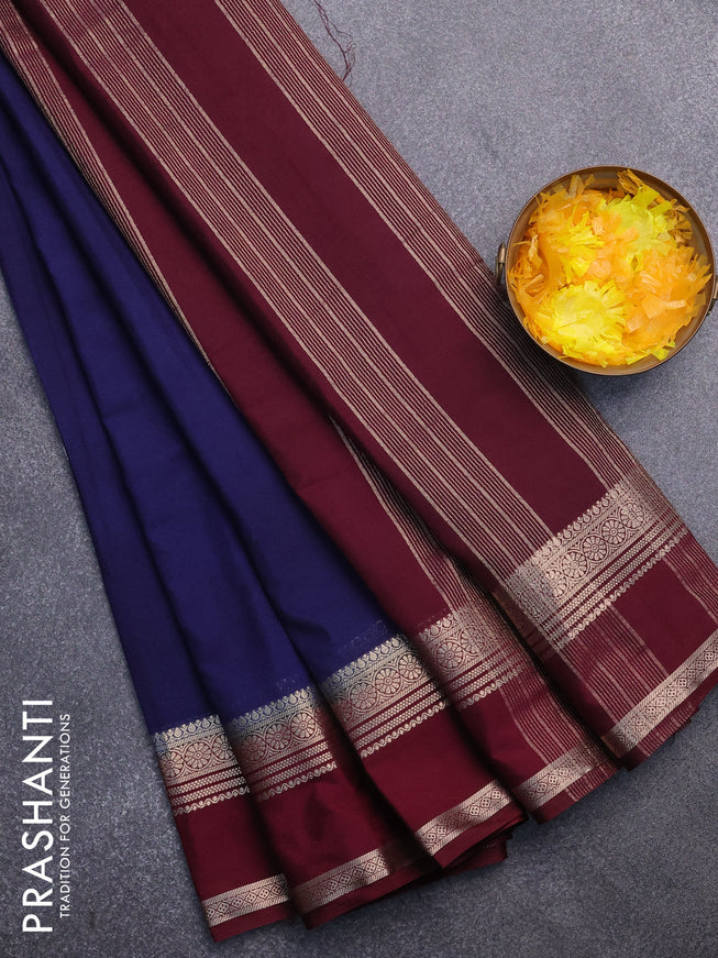 Semi crepe saree navy blue and wine shade with plain body and rettapet zari woven border