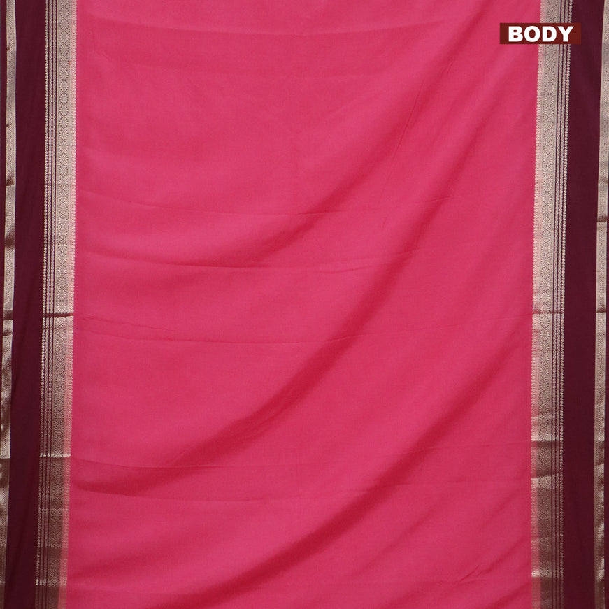 Semi crepe saree peach pink and maroon with plain body and rettapet zari woven border